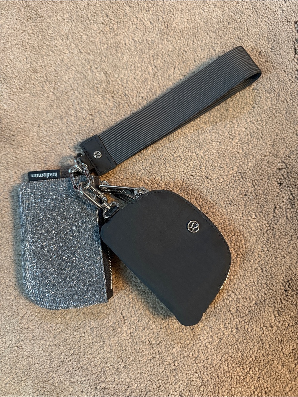 lululemon athletica Black/Gray Wristlet Key Pouch with Silver Glitter Card Case